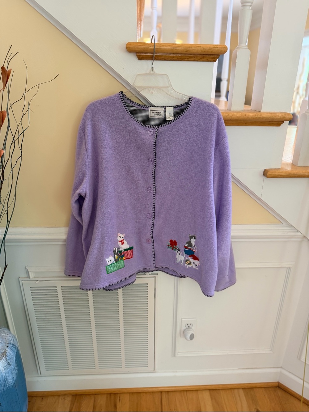 Ladies Size 2X Jennifer Lauren Lavender Fleece Button Jacket Kitty Cats GUC